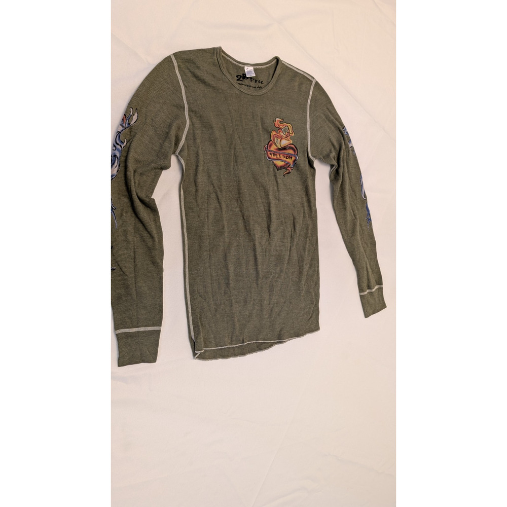 2B Free Thermal Shirt L Olive Freedom Flame Tattoo Print Made in USA